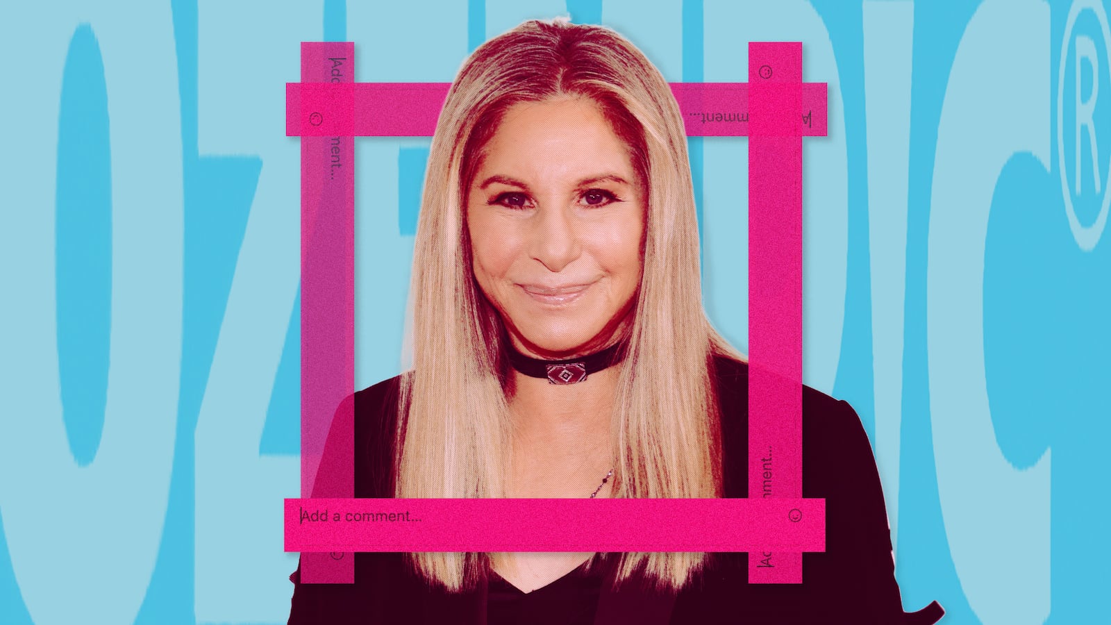 A photo illustration showing Barbara Streisand in a frame of the Instagram comments graphic with the Ozempic logo in the background.