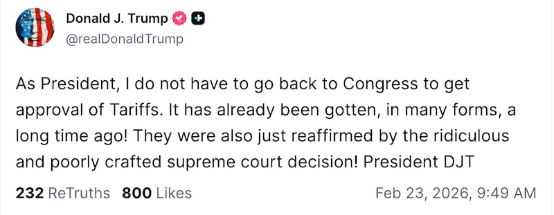 Trump claims he does not need Congress to act after the Supreme Court struck down his sweeping tariffs.