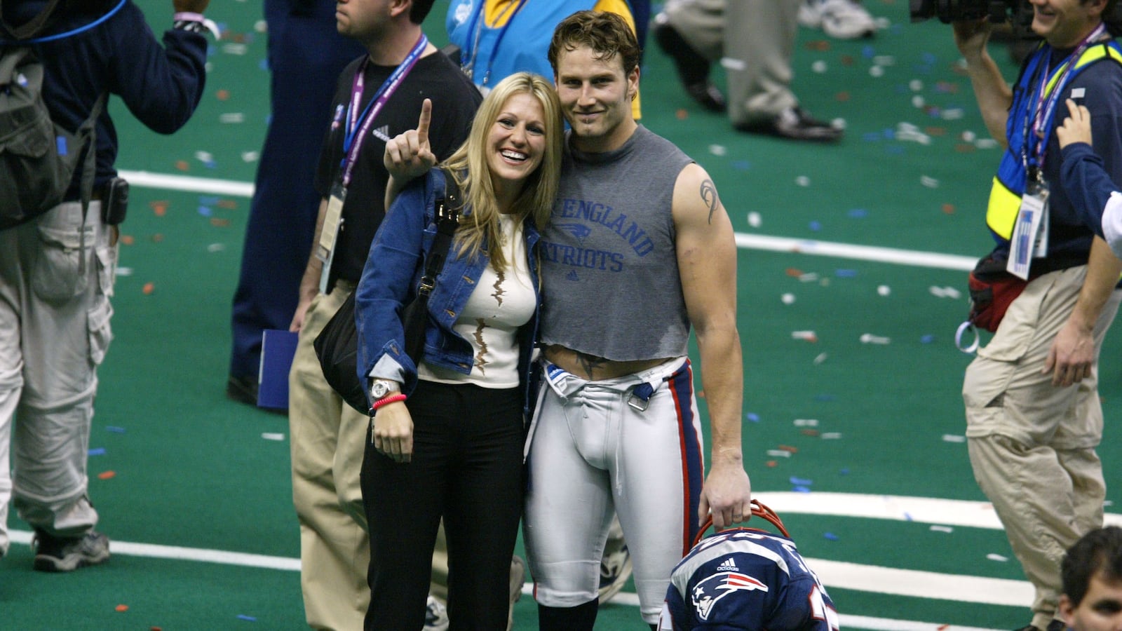 Matt Stevens of the New England Patriots poses for a picture after Superbowl XXXVI at the Superdome in New Orleans, Louisiana.