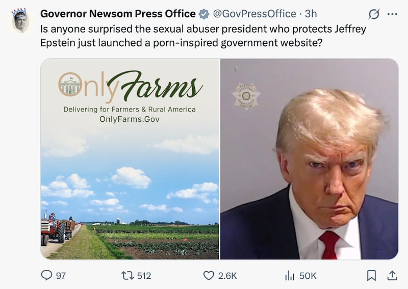 “Is anyone surprised the sexual abuser president who protects Jeffrey Epstein just launched a porn-inspired government website?” Newsom wrote on X.