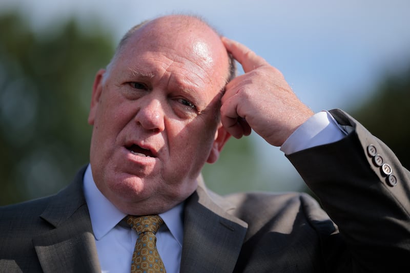 WASHINGTON, DC - AUGUST 28: White House Border Czar Tom Homan talks to reporters after a television interview outside the West Wing of the White House on August 28, 2025 in Washington, DC. Homon continued to defend President Donald Trump's aggressive mass deportation policy and said that he is working to re-deport Kilmar Abrego Garcia, who was mistakenly deported to El Salvador and then returned to the U.S. (Photo by