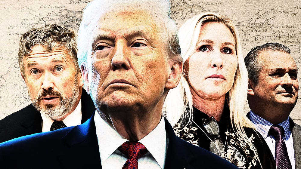 Donald Trump, Marjorie Taylor Green, Thomas Massie and Don Bacon in front of a map of Venezuela