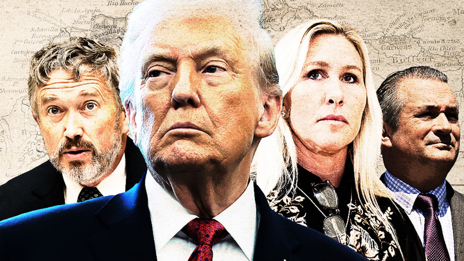 Donald Trump, Marjorie Taylor Green, Thomas Massie and Don Bacon in front of a map of Venezuela