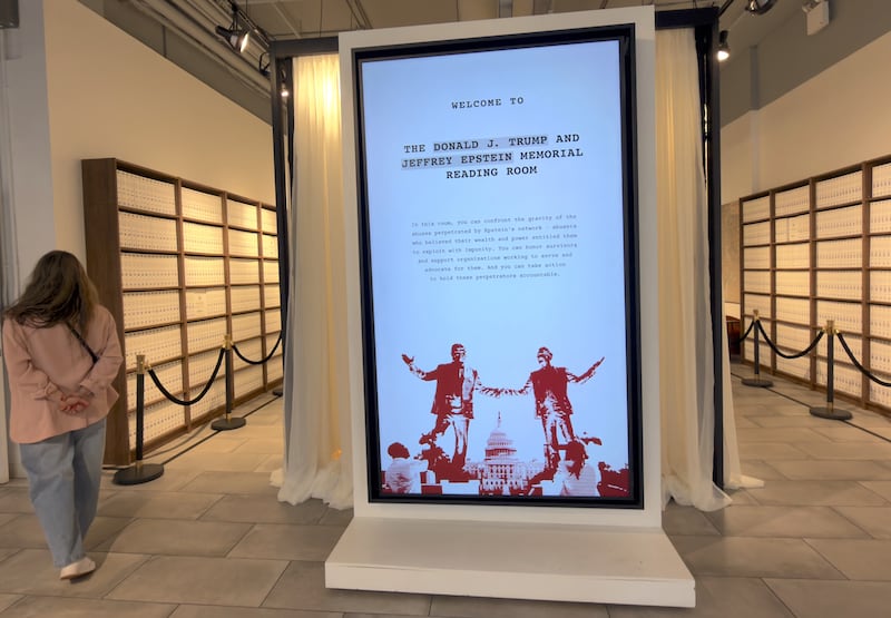 NEW YORK CITY, UNITED STATES - MAY 08: 3.5 million pages, 3,437 volumes, and 17,000 pounds of the released and partially redacted Epstein files are displayed at 'the Donald J. Trump and Jeffrey Epstein Memorial Reading Room', built by the nonprofit organization, Institute for Primary Facts in Tribeca, New York City, U.S., on Friday, May 8, 2026 (Photo by Selcuk Acar/Anadolu via Getty Images)