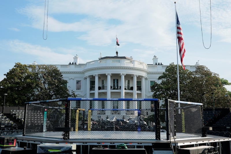 A view of the setup ahead of the UFC Freedom 250 fights on the South Lawn of the White House. Sponsors include Bud Light and Polymarket.