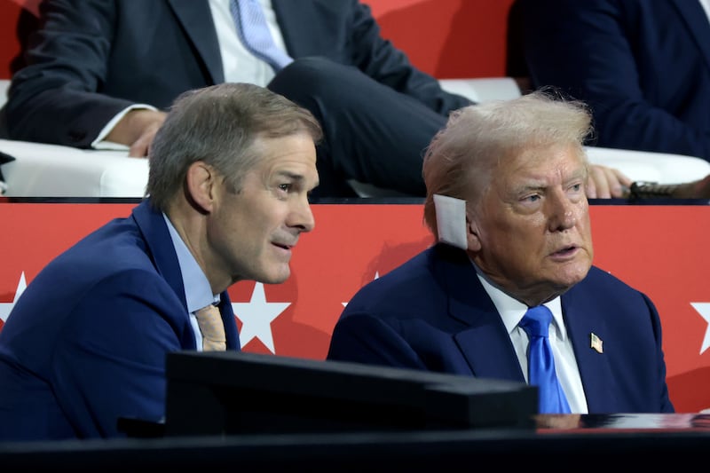 Rep. Jim Jordan (R-OH) speaks with Donald Trump on the second day of the Republican National Convention at the Fiserv Forum on July 16, 2024 in Milwaukee, Wisconsin.