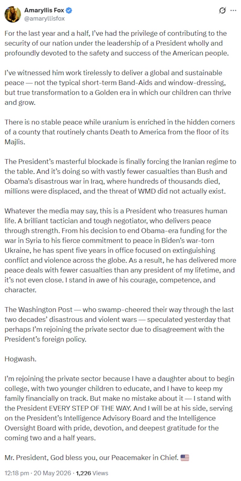 Amaryllis Fox Kennedy's statement on X.