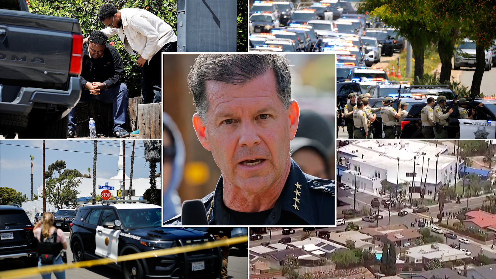 Photo collage of different scenes of the shooting in San Diego