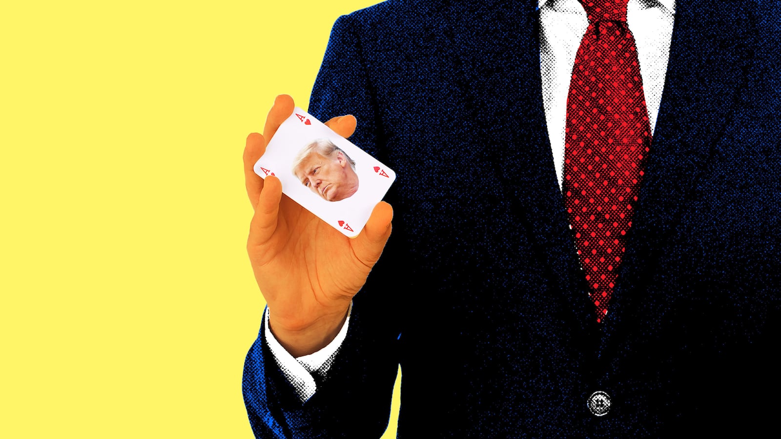 A photo illustration of a man holding a playing card with Donald Trump's face on it