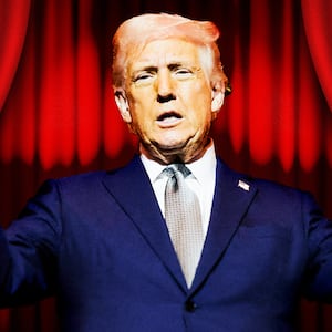 A photo illustration of Donald Trump and red curtain.