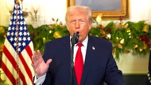 President Donald Trump addresses the nation from the Diplomatic Reception Room of the White House in Washington, DC, on December 17, 2025.