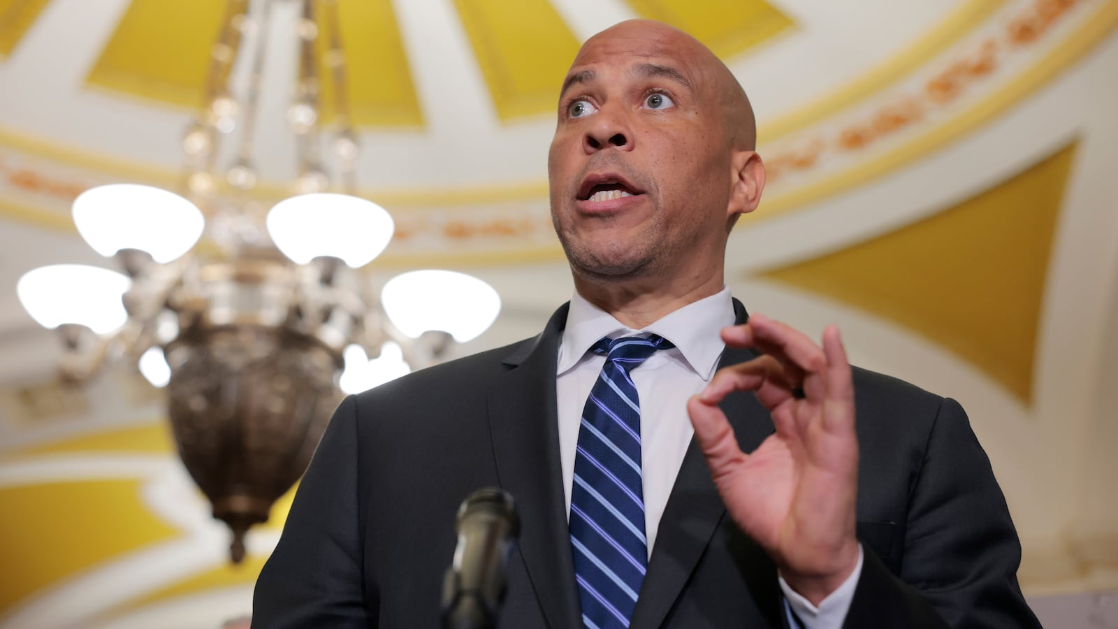 Sen. Cory Booker speaks to reporters at the U.S. Capitol in Washington, DC.