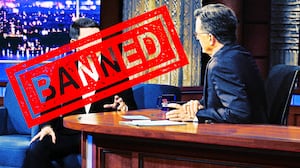 A photo illustration of Talarico on The Colbert show with Stephen Colbert and banned stamp.