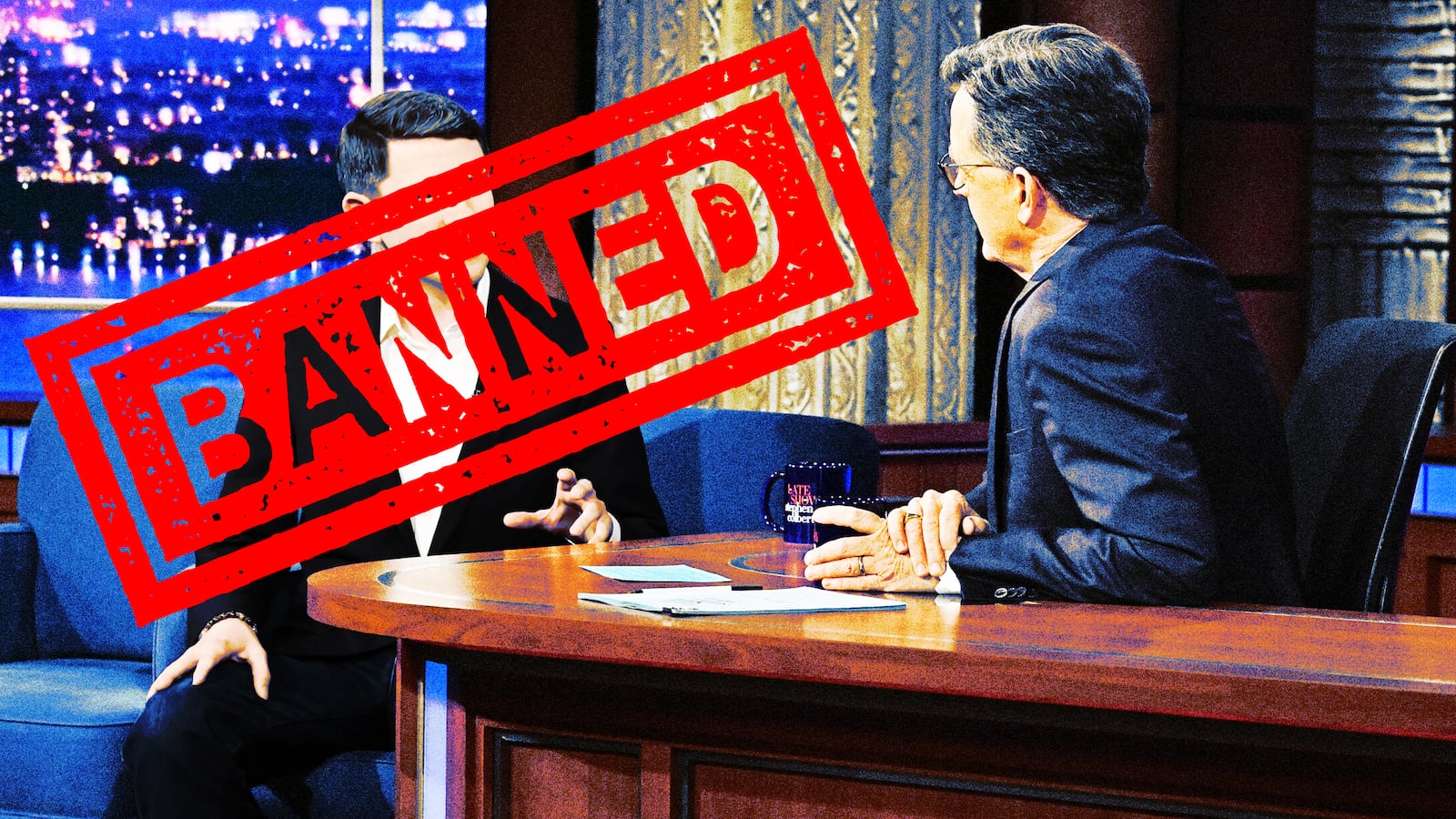 A photo illustration of Talarico on The Colbert show with Stephen Colbert and banned stamp.