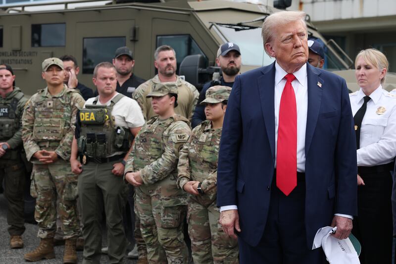 WASHINGTON, DC - AUGUST 21: U.S. President Donald Trump visits the U.S. Park Police Anacostia Operations Facility on August 21, 2025 in Washington, DC. The Trump administration has deployed federal officers and the National Guard to the District in order to place the DC Metropolitan Police Department under federal control and assist in crime prevention in the nation's capital. (Photo by Anna Moneymaker/Getty Images)