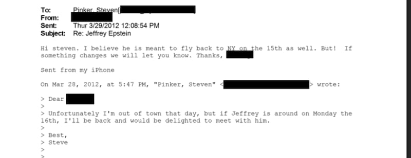 A 2012 email in which Steven Pinker said he would be “delighted” to meet with Jeffrey Epstein.