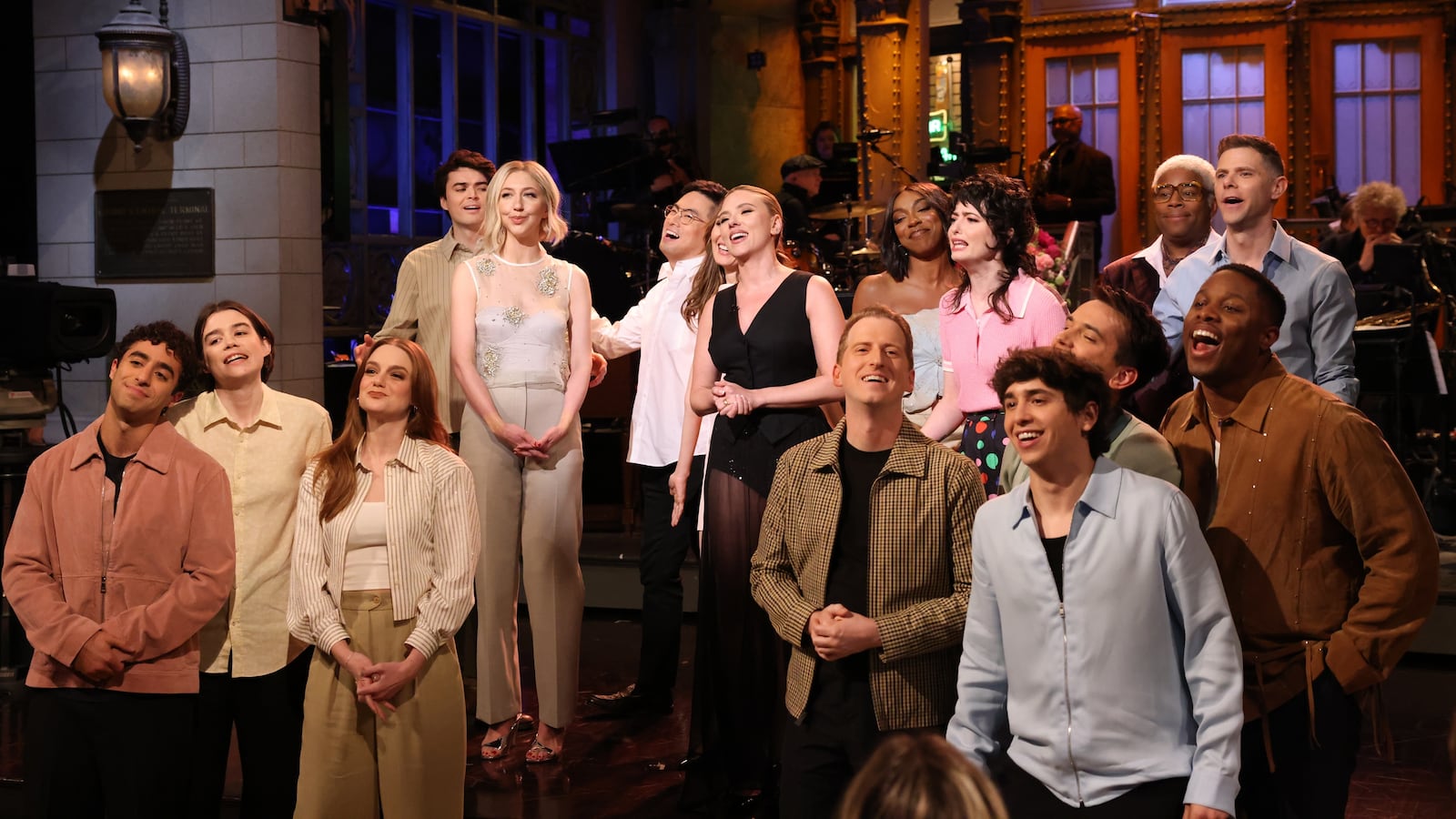 (L-R) Emil Wakim, Jane Wickline, Ashley Padilla, Michael Longfellow, Heidi Gardner, Bowen Yang, host Scarlett Johansson, James Austin Johnson, Ego Nwodim, Sarah Sherman, Marcello Hernández, Andrew Dismukes, Kenan Thompson, Devon Walker, and Mikey Day during the monologue on Saturday, May 17, 2025.