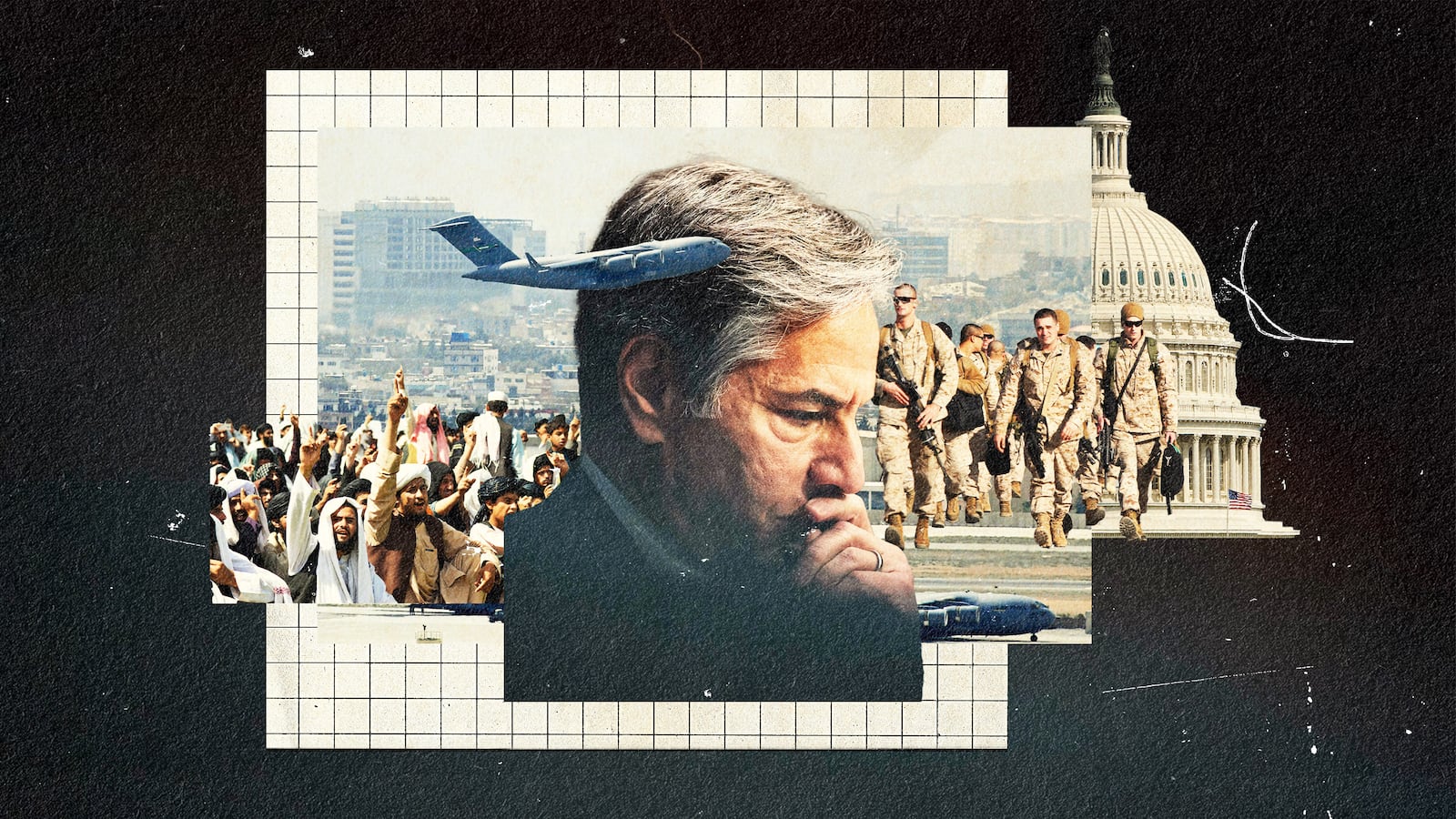 A photo illustration featuring Secretary of State Antony Blinken surrounded by people from Afghanistan and US soldiers