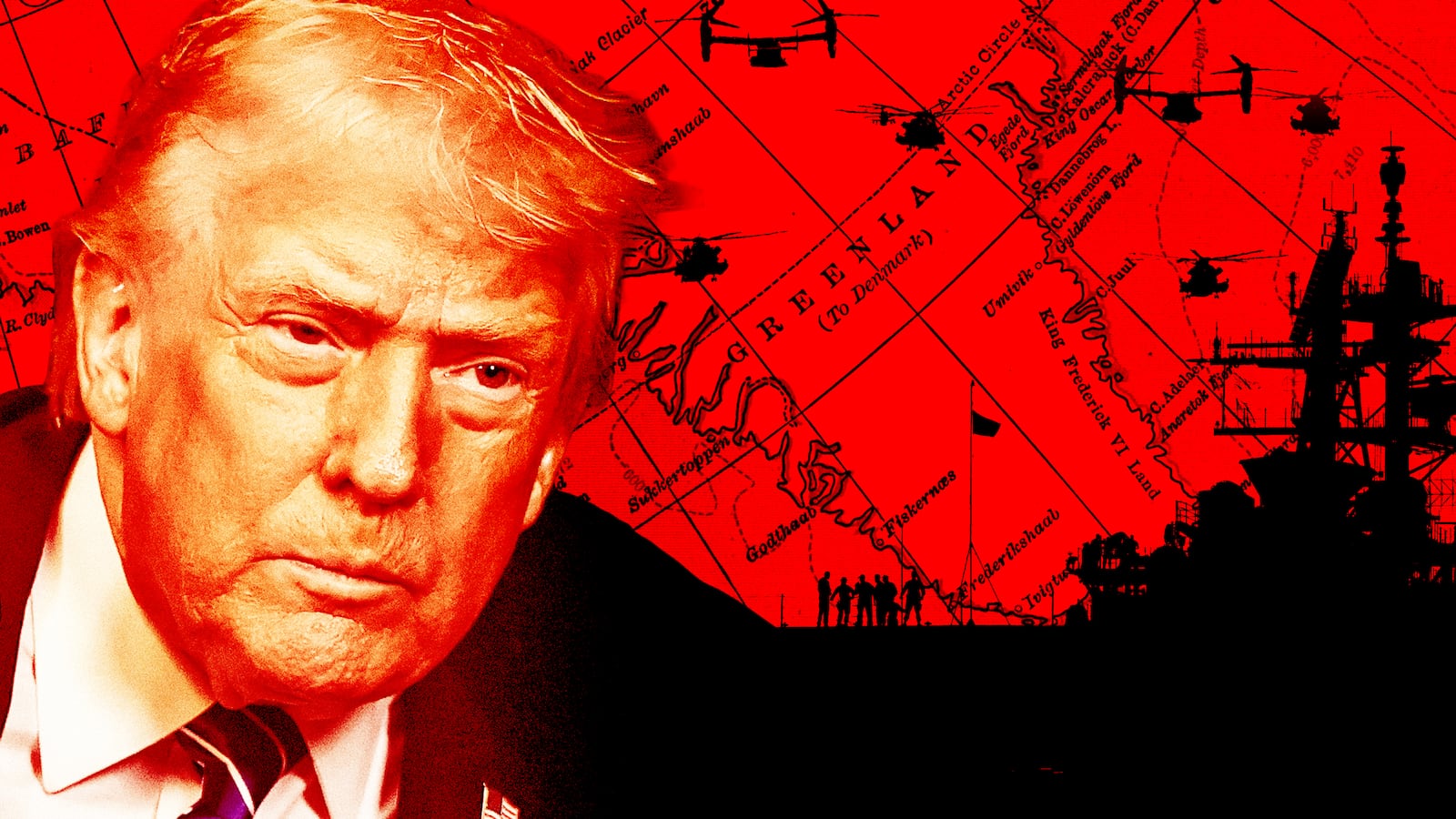 A photo illustration of Donald Trump leering at a map of Greenland alongside US military navy ship and helicopters.