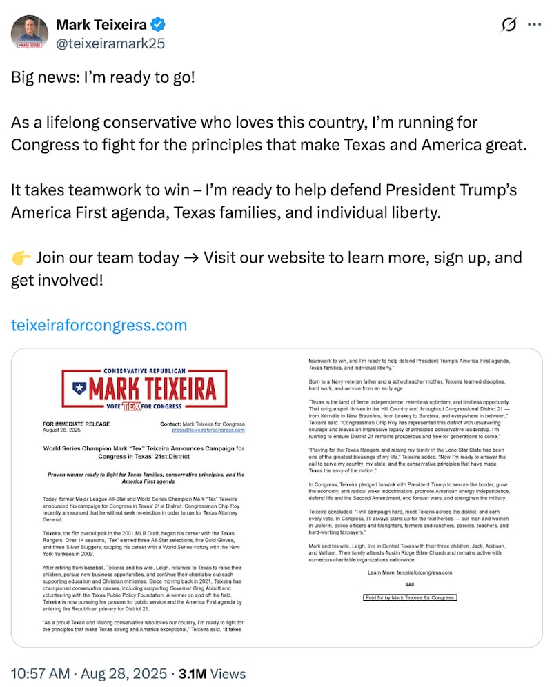 Mark Teixeira posts his race announcement on X in August 2025.