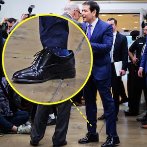 A photo composite highlighting Marco Rubio's ill-fitting dress shoes while meeting Chuck Schumer in January 2026.