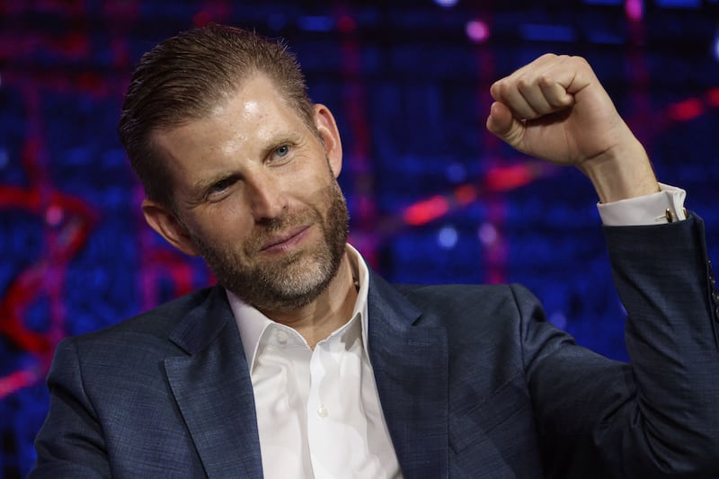 Eric Trump, Executive Vice President of the Trump Organization, gestures at the Bitcoin Asia conference, in Hong Kong, China, August 29, 2025. REUTERS/Tyrone Siu