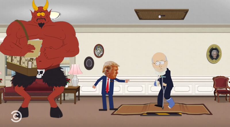 South Park, Satan and Trump watching an injured Carr walk into a trap.