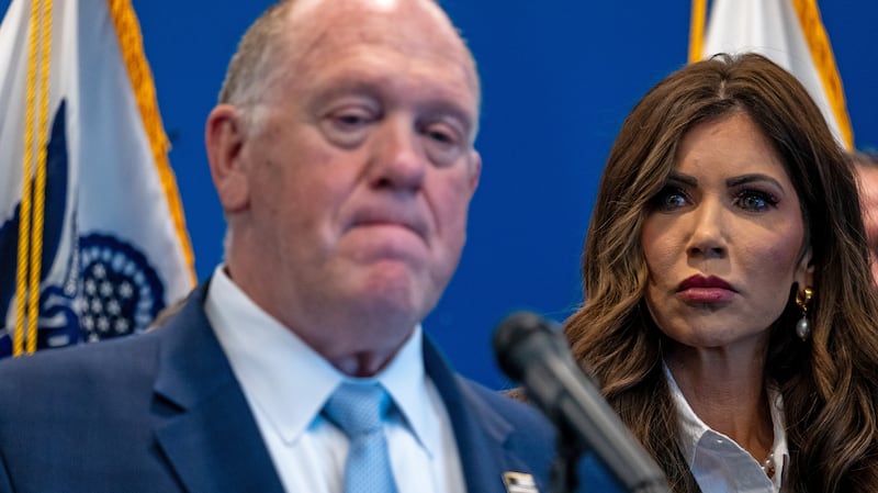 Border czar Tom Homan joins Homeland Security Secretary Kristi Noem at a news conference in New York on July 21, 2025 in New York City.