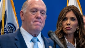 Border czar Tom Homan joins Homeland Security Secretary Kristi Noem at a news conference in New York on July 21, 2025 in New York City.