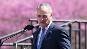 Apr 16, 2019; Philadelphia, PA, USA; MLB commissioner Rob Manfred addresses fans and media during an event at Independence Mall to announce Philadelphia as the host of the 2026 All Star Game. Mandatory Credit: Bill Streicher-USA TODAY Sports