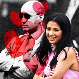 Katie Miller and Stephen Miller with hearts over him