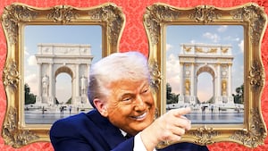 Donald Trump pointing at a rendering of the Arc de Trump triumphant arch in his honor