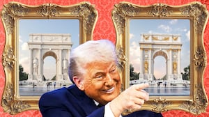 Donald Trump pointing at a rendering of the Arc de Trump triumphant arch in his honor