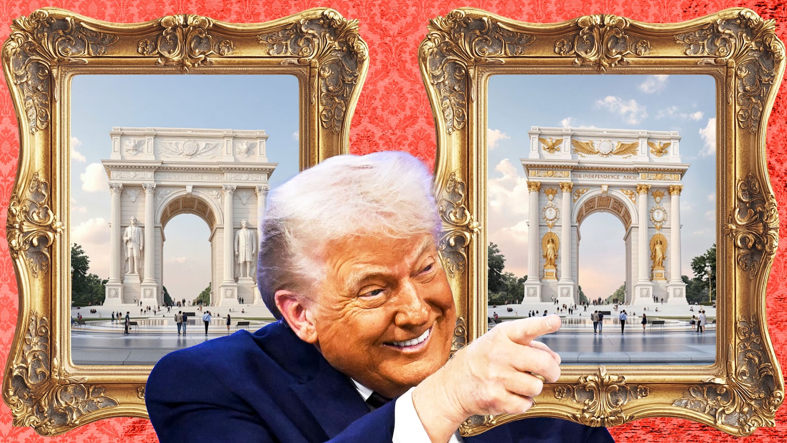 Donald Trump pointing at a rendering of the Arc de Trump triumphant arch in his honor
