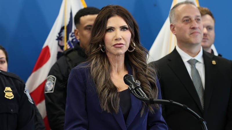 NEW YORK, NEW YORK - JANUARY 08: U.S. Secretary of Homeland Security Kristi Noem speaks during a press conference addressing the capture of suspects involved in the July 2025 shooting of an off-duty U.S. Customs and Border Protection Officer in Fort Washington Park, at One World Trade Center on January 08, 2026 in New York City. Following yesterday's fatal shooting of a woman by an ICE agent during a confrontation in Minneapolis, Noem addressed the Trump administration's ongoing immigration enforcement efforts in New York City.  (Photo by Michael M. Santiago/Getty Images)