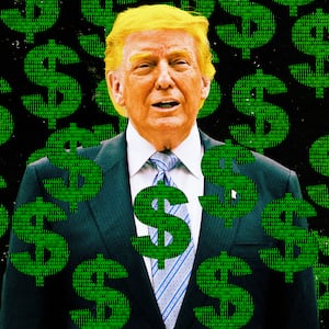 A photo illo illustration of Donald Trump and digital code dollar signs.