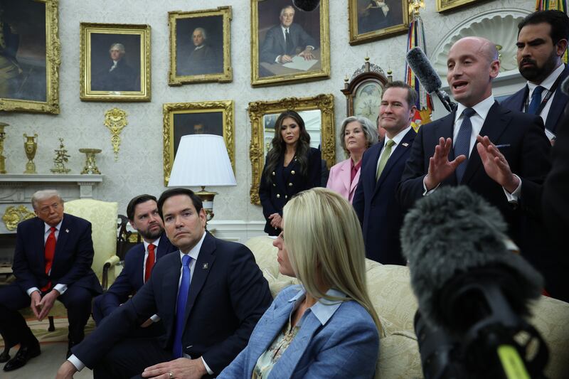 White House Deputy Chief of Staff Stephen Miller speaks as Vice President JD Vance, Secretary of State Marco Rubio and Pam Bondi, U.S. Attorney General, sit nearby as U.S. President Donald Trump meets with President Nayib Bukele of El Salvador