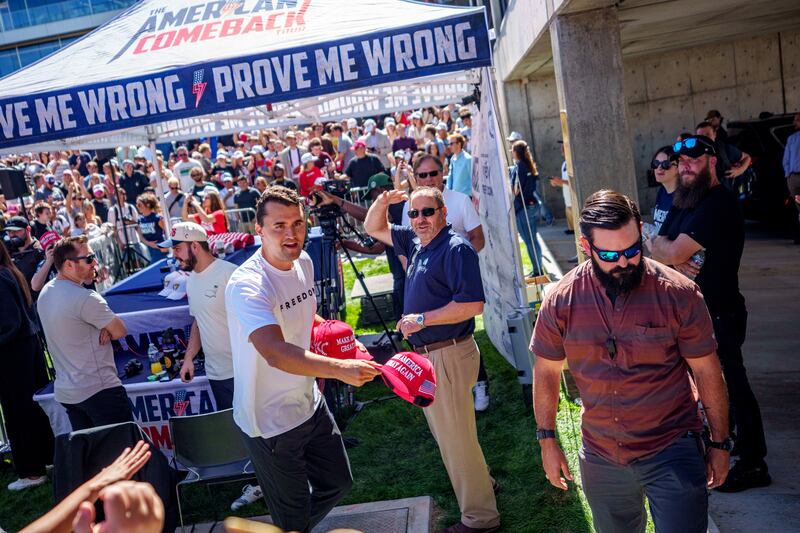 Charlie Kirk speaks at Utah Valley University on Sept. 10, 2025 in Orem, Utah.  Kirk, founder of Turning Point USA, was speaking at his "American Comeback Tour" when he was shot in the neck and killed.
