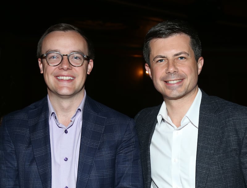 NEW YORK, NEW YORK - OCTOBER 22: Chasten Buttigieg and husband United States Secretary of Transportation Pete Buttigieg pose backstage at "Into The Woods" on Broadway at The St. James Theater on October 22, 2022 in New York City.