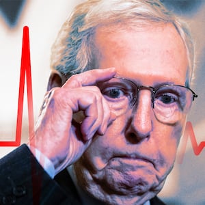 A photo illo illustration of Mitch McConnell at a news conference at the US Capitol in January 2024.