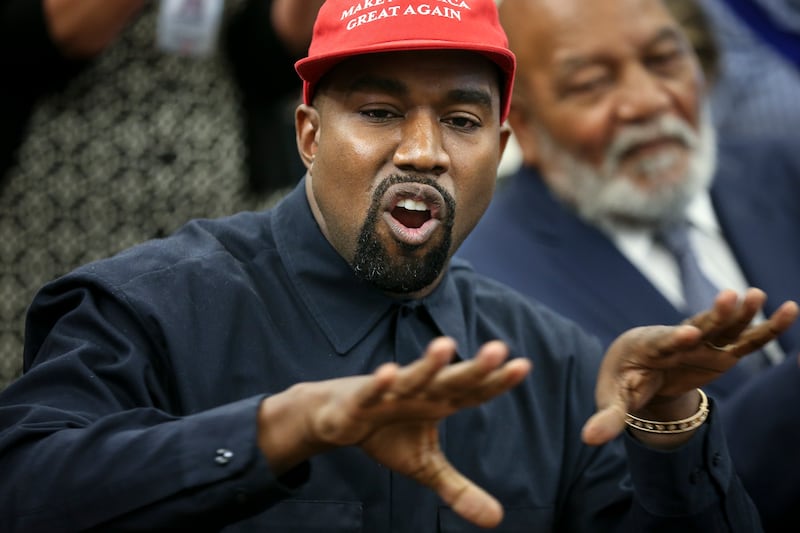 Rapper Kanye West speaks during a meeting with U.S. President Donald Trump