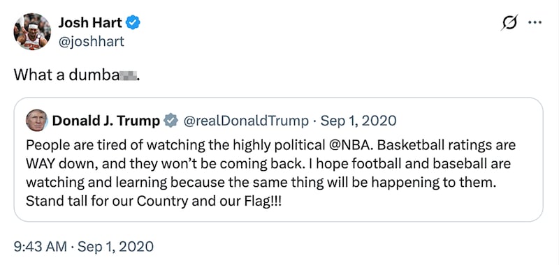 Knicks player Josh Hart's reaction on X to Donald Trump in 2020.