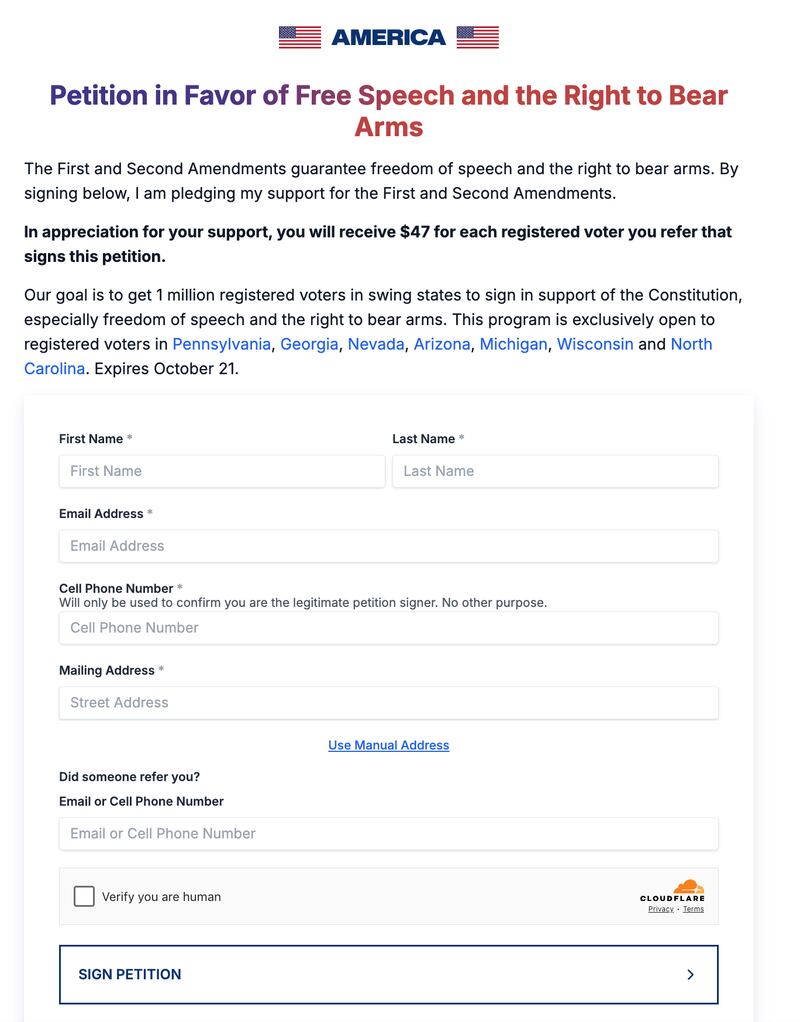 A petition from America PAC urges voters to hand over personal information while declaring their support for the First and Second Amendments.