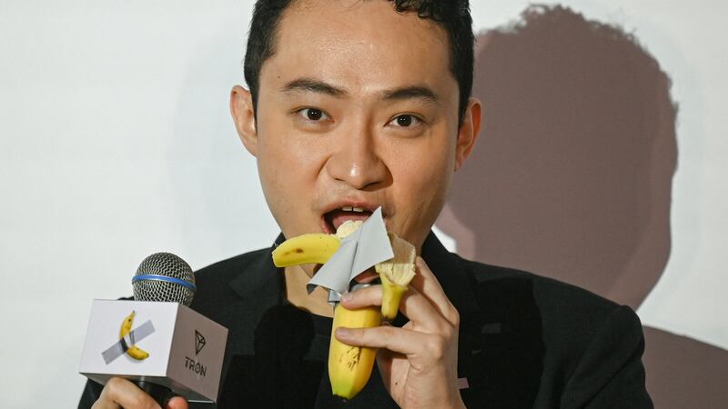Justin Sun, pictured, described Maurizio Cattelan’s infamous 2019 work as “much better than other bananas.”
