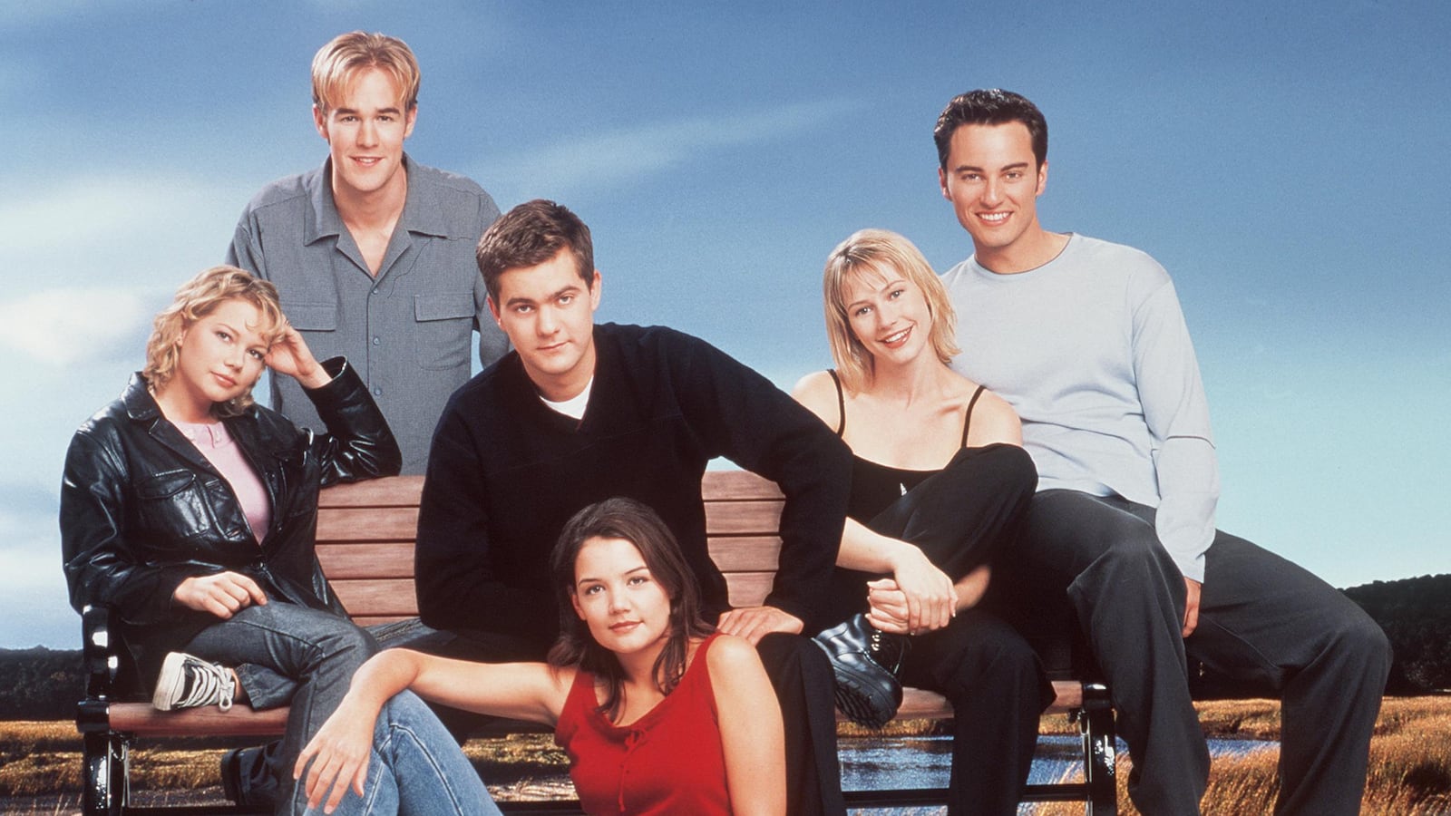 The cast of "Dawson's Creek." (Season 3) Back row: James Van Der Beek. Middle row: Michelle Williams, Joshua Jackson, Meredith Monroe and Kerr Smith. Front row: Katie Holmes. 2000 Columbia/TriStar International Television. A Sony Pictures Entertainment Company.