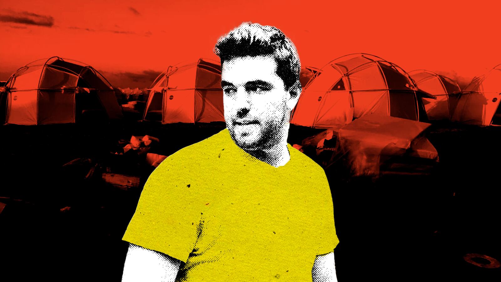A photo illustration shows Billy McFarland overlaid on a picture of tents at Fyre Fest