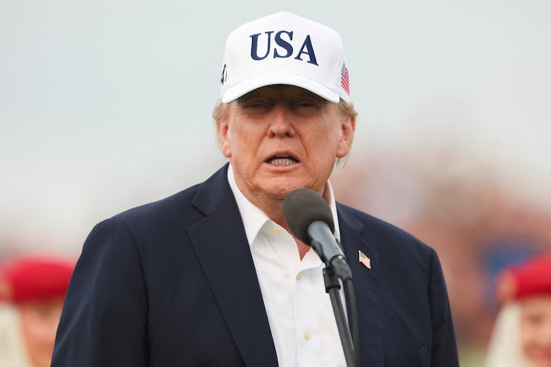 U.S. President Donald Trump speaks at the Amgen Irish Open 2026, at Trump International Golf Links in Doonbeg, County Clare, Ireland, September 13, 2026. REUTERS/Cathal McNaughton