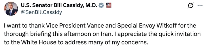 Bill Cassidy posts about a meeting with JD Vance and Steve Witkoff on Iran.