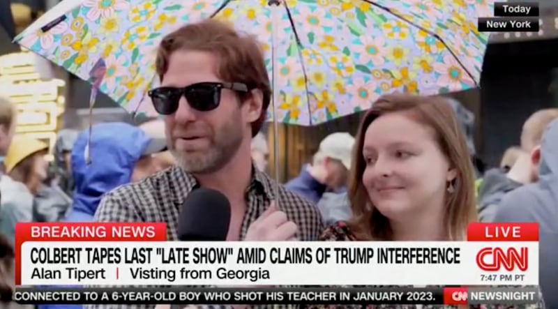 Alan Tipert speaks outside the final episode of The Late Show.