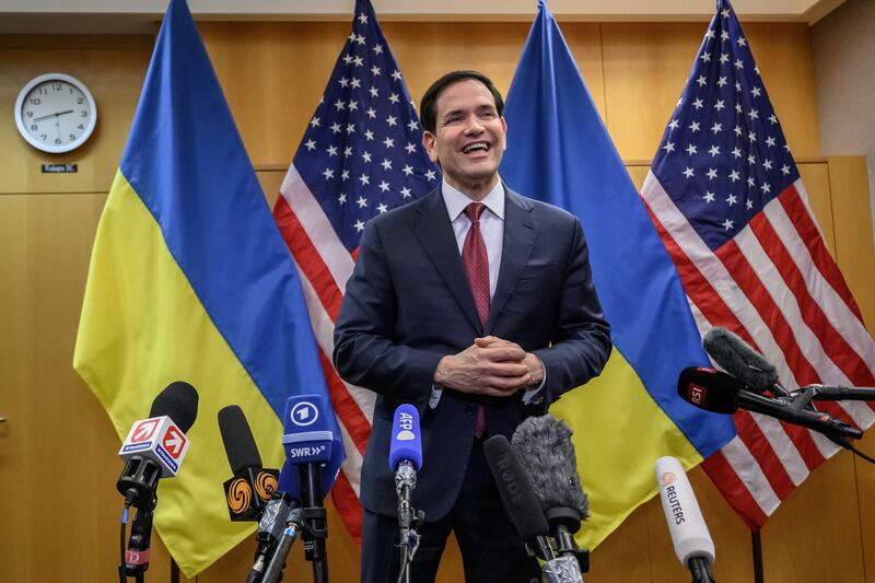 Secretary of State Marco Rubio holds a press conference following a closed-door talks on a U.S. plan to end the war in Ukraine at the U.S. Mission in Geneva, on November 23, 2025.